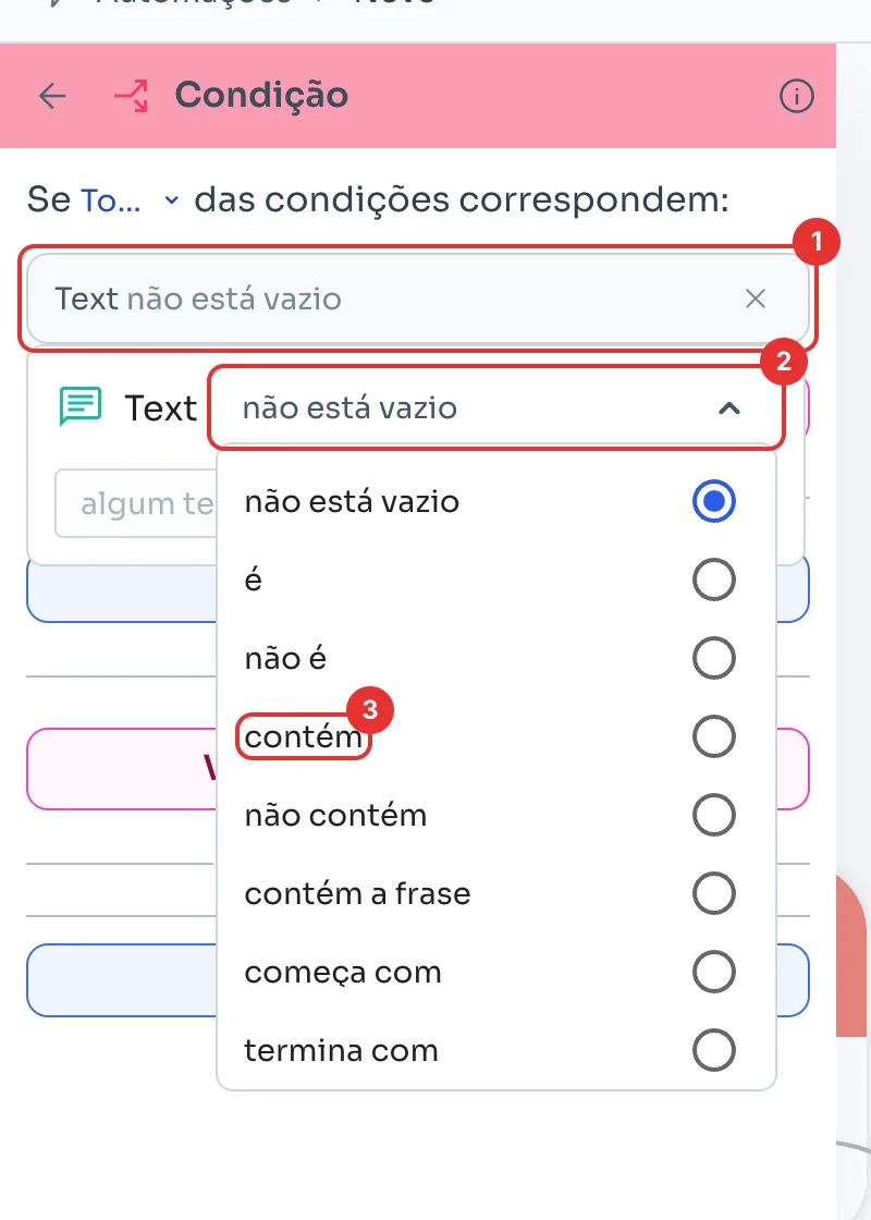 Regra aberta com a lista de comparações e a opção contém