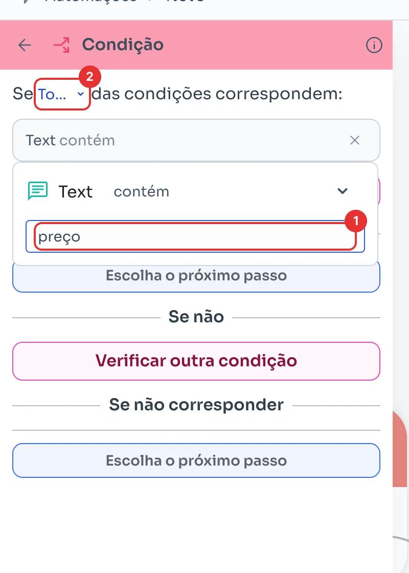Regra Text contém preço com o seletor de todas ou alguma