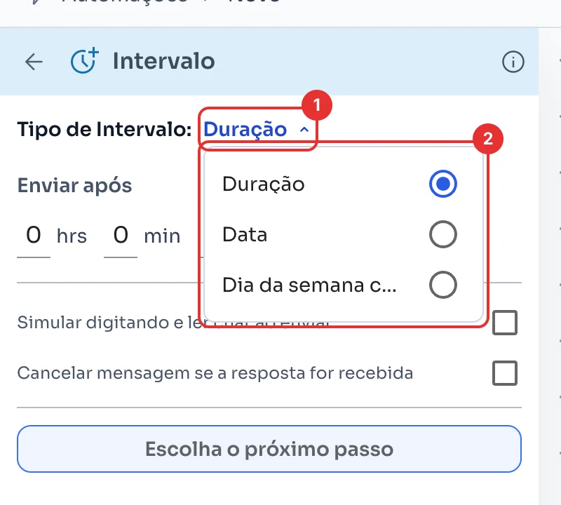 Lista de tipos de intervalo: Duração, Data e Dia da semana com horário