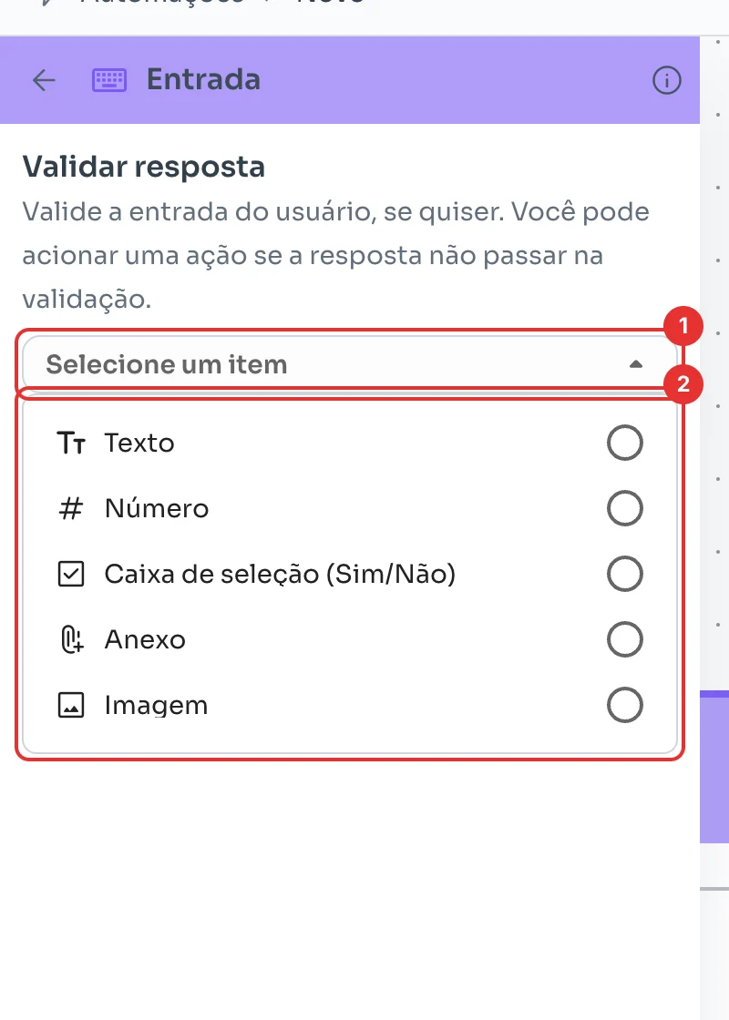 Lista de tipos de resposta: Texto, Número, Caixa de seleção, Anexo e Imagem