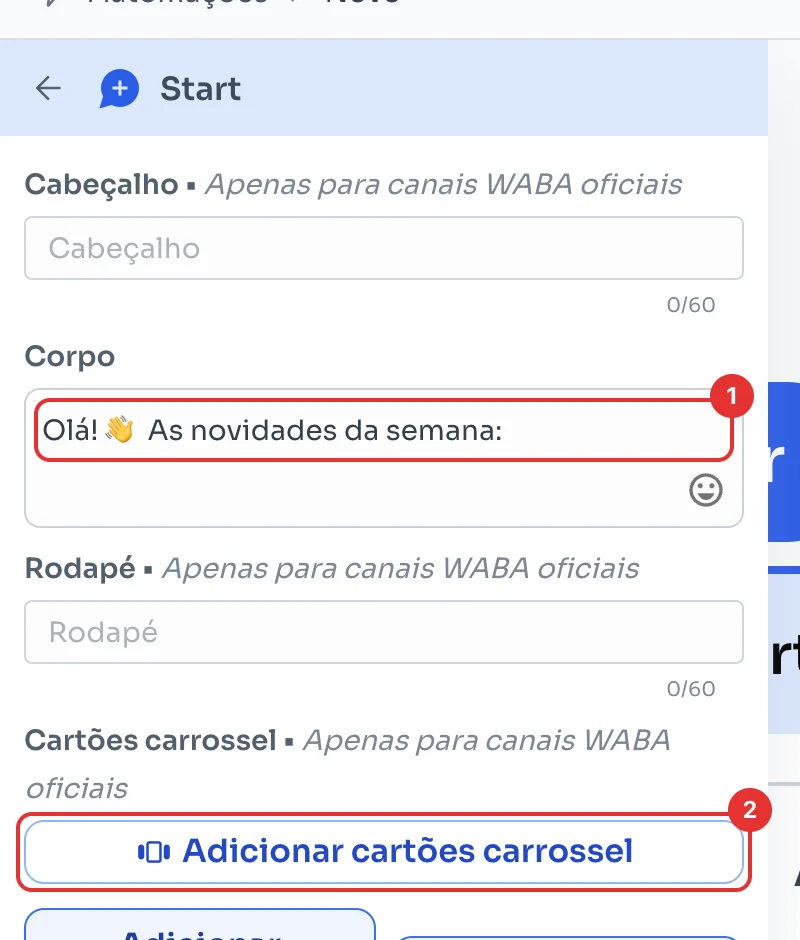Editor da mensagem com Corpo e Adicionar cartões carrossel