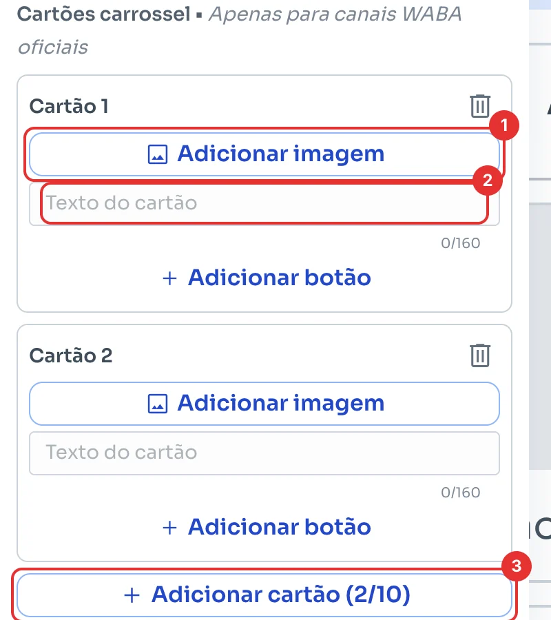 Cartão com Adicionar imagem, Texto do cartão e Adicionar cartão