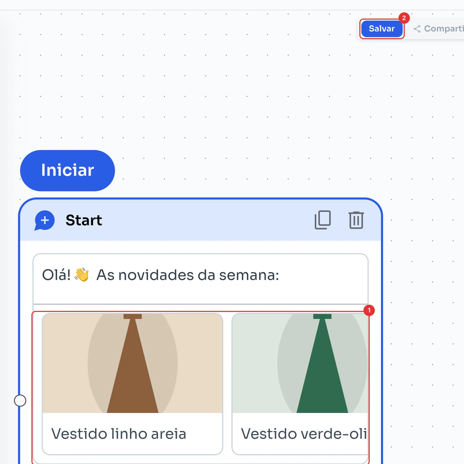 Carrossel com dois cartões no canvas e o botão Salvar