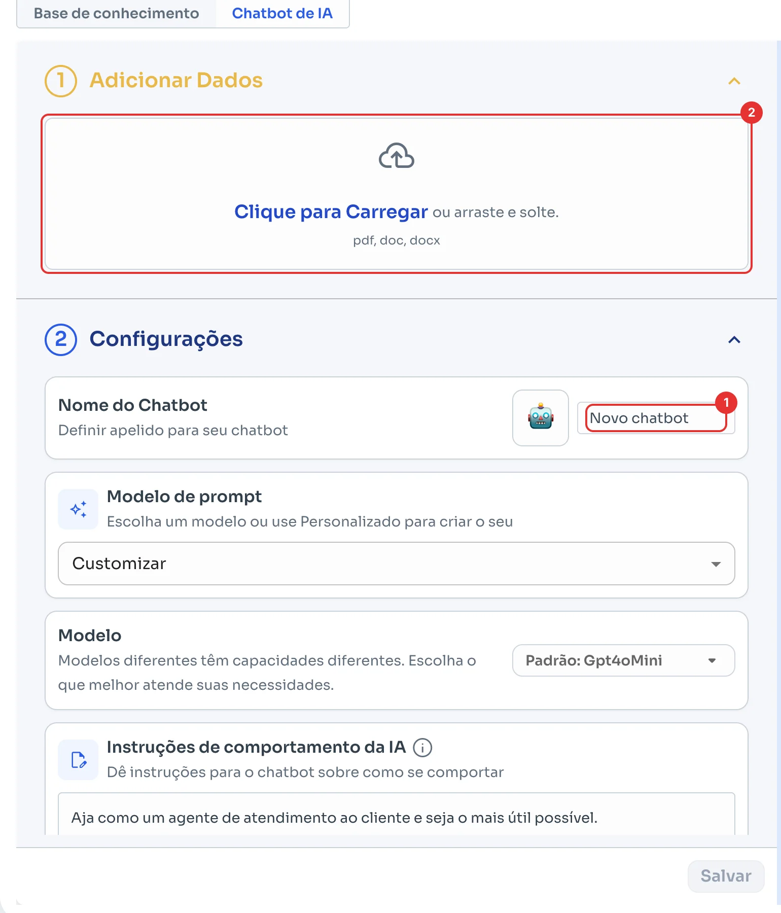 Nome do Chatbot e a área para carregar arquivos de Adicionar Dados