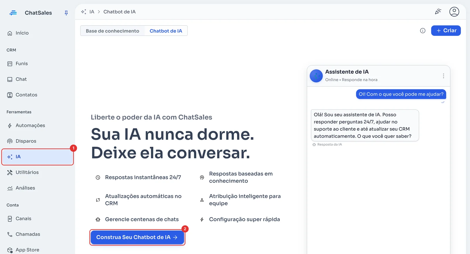 Página Chatbot de IA com o botão Construa Seu Chatbot de IA