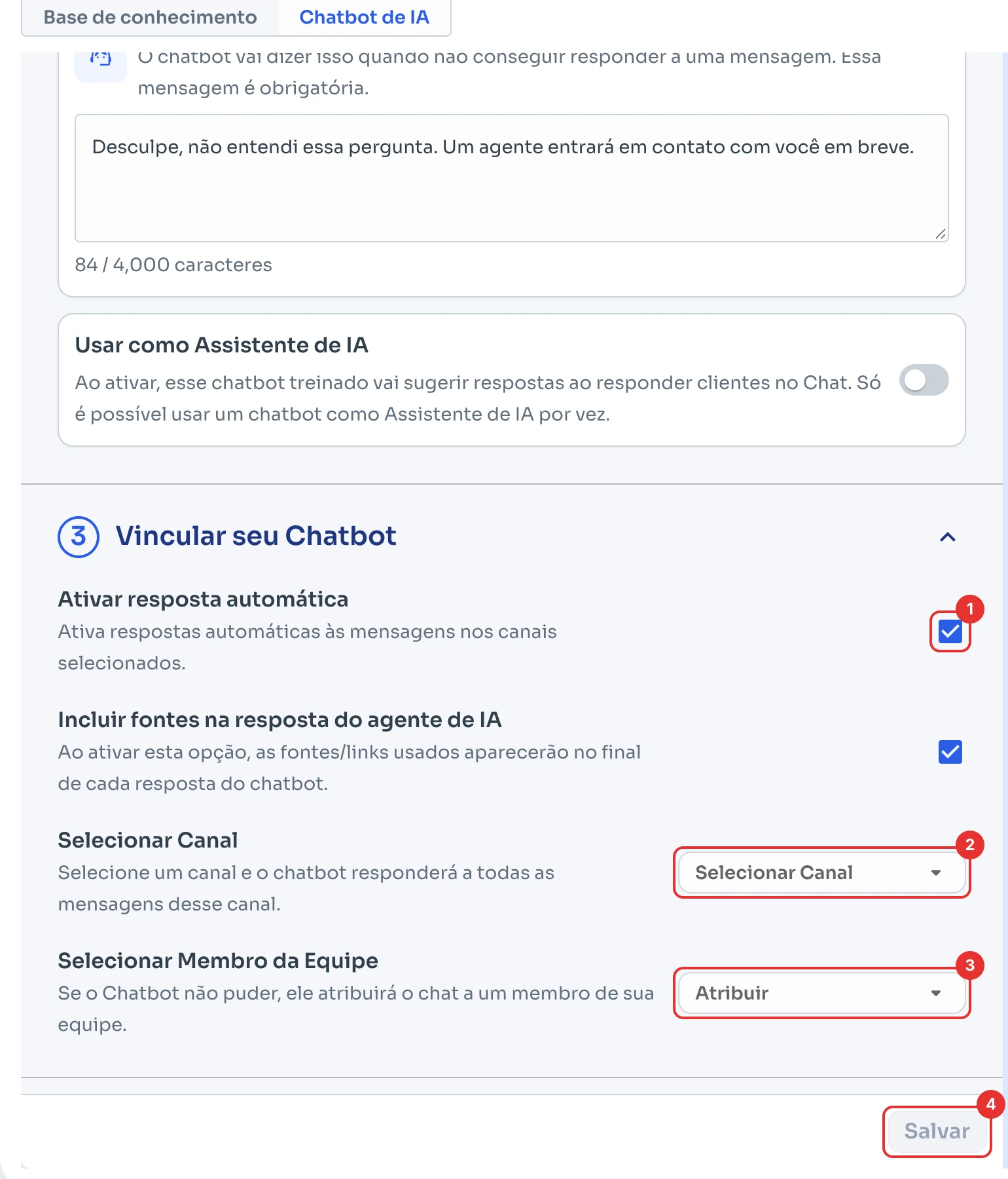 Vincular seu Chatbot com resposta automática, canal, membro da equipe e Salvar
