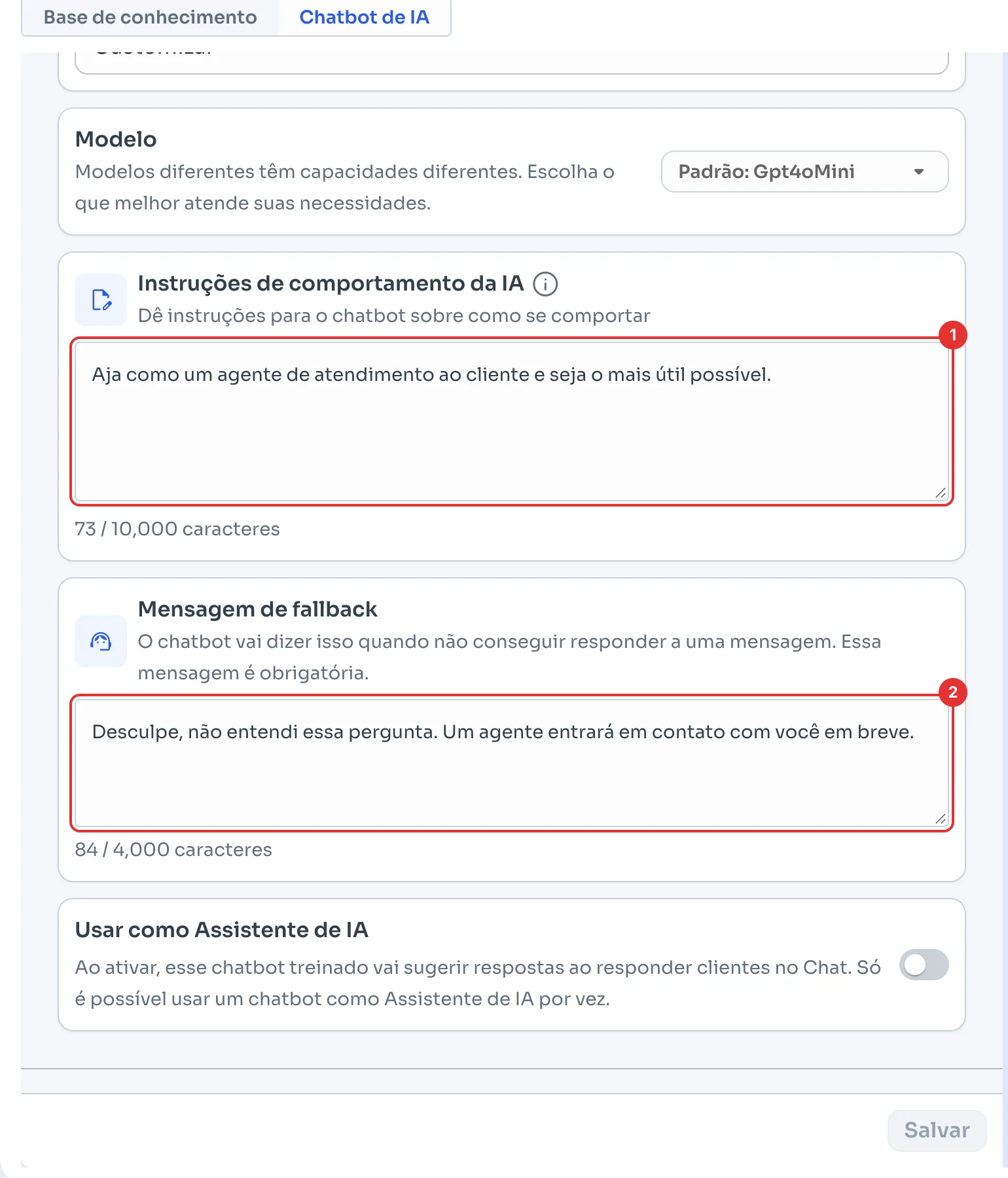 Instruções de comportamento da IA e Mensagem de fallback