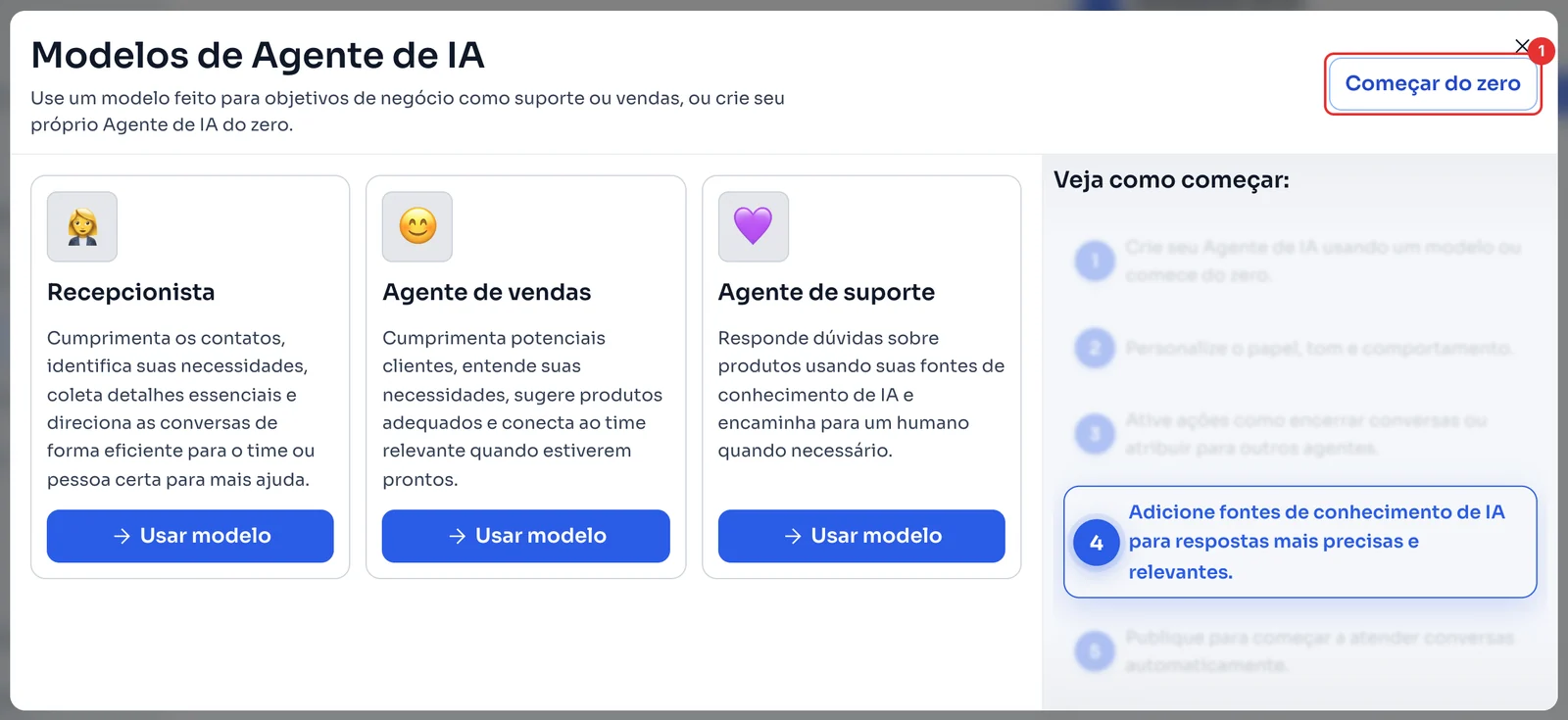Janela Modelos de Agente de IA com Começar do zero