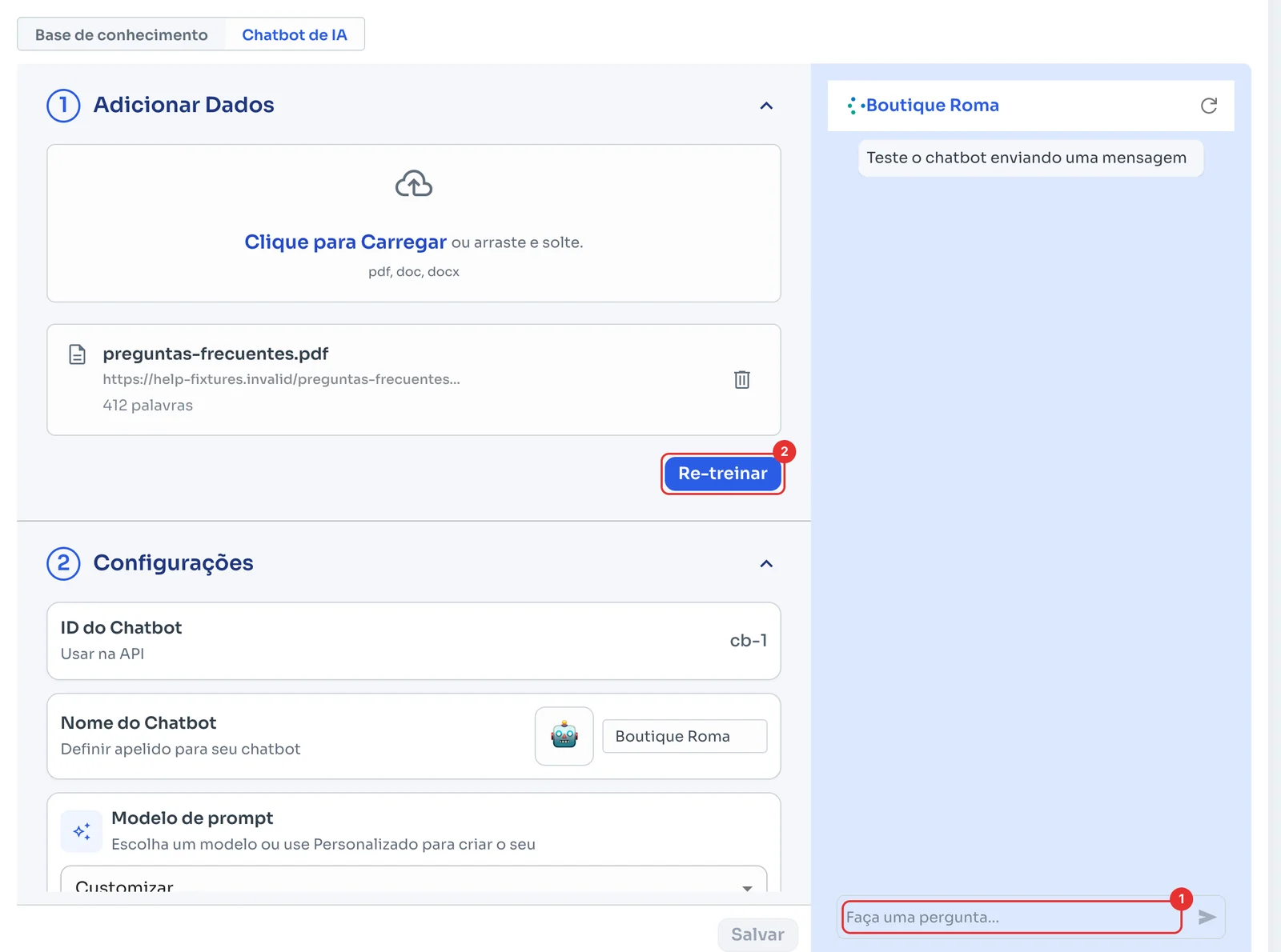 Chat de teste com a caixa de pergunta e o botão Re-treinar
