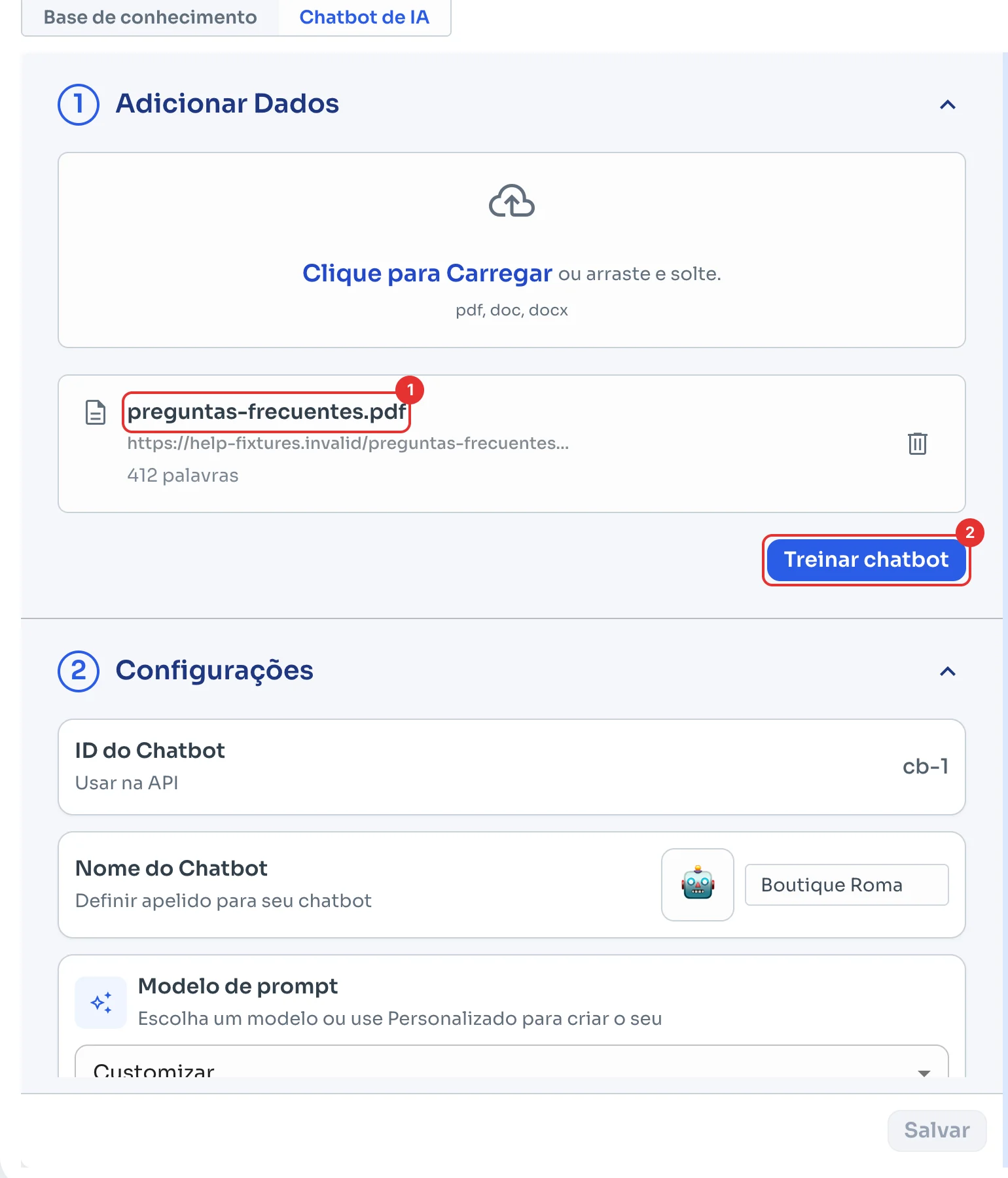 Documento carregado e o botão Treinar chatbot