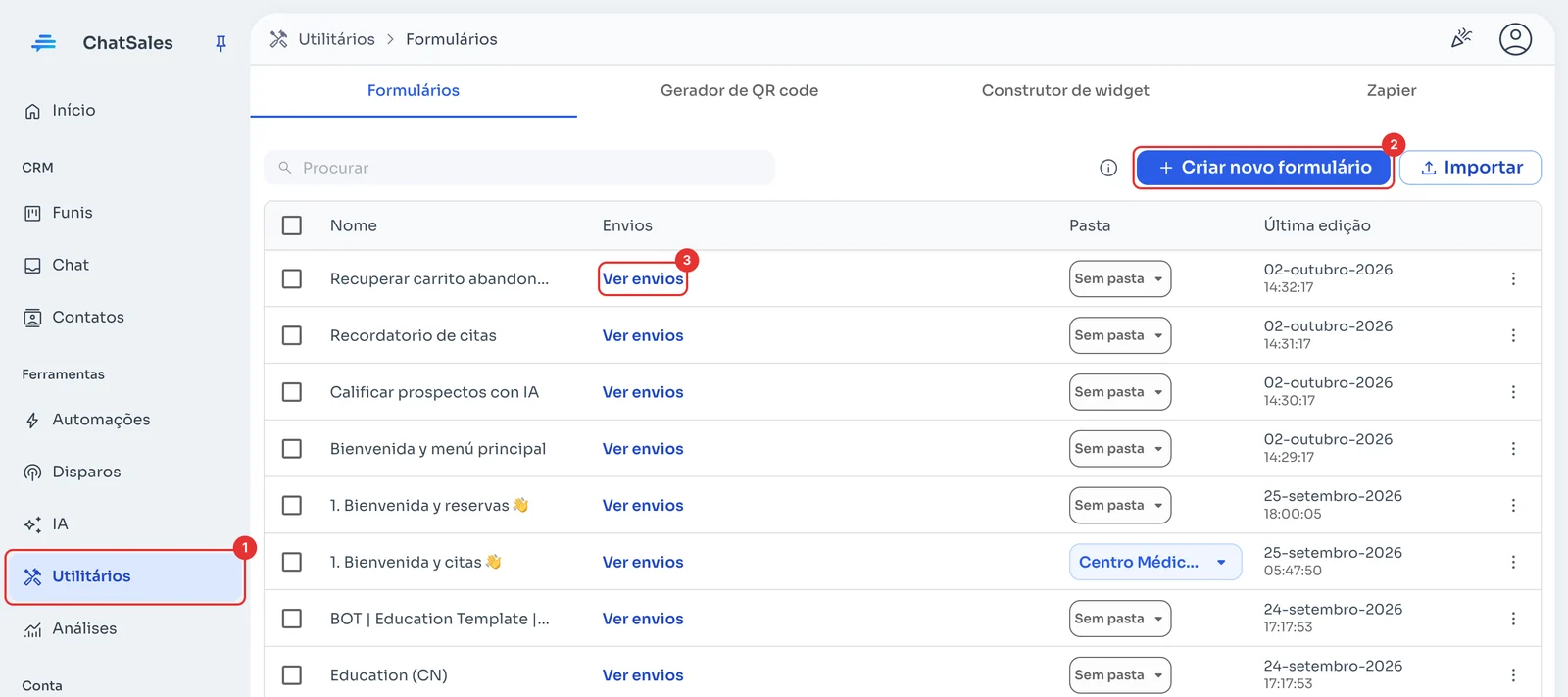 Lista de formulários com Criar novo formulário e Ver envios