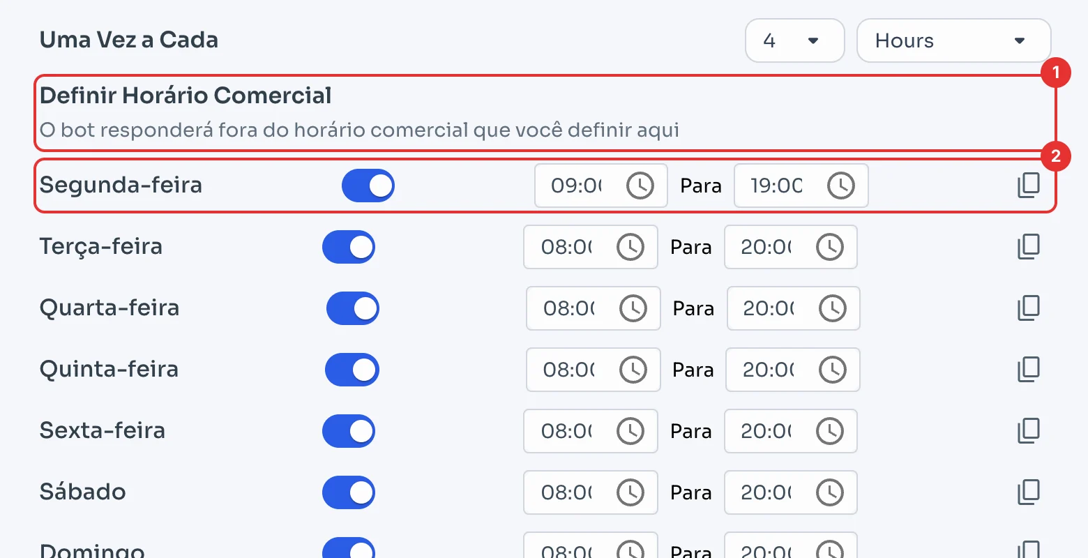 Definir Horário Comercial com segunda-feira das 09:00 às 19:00