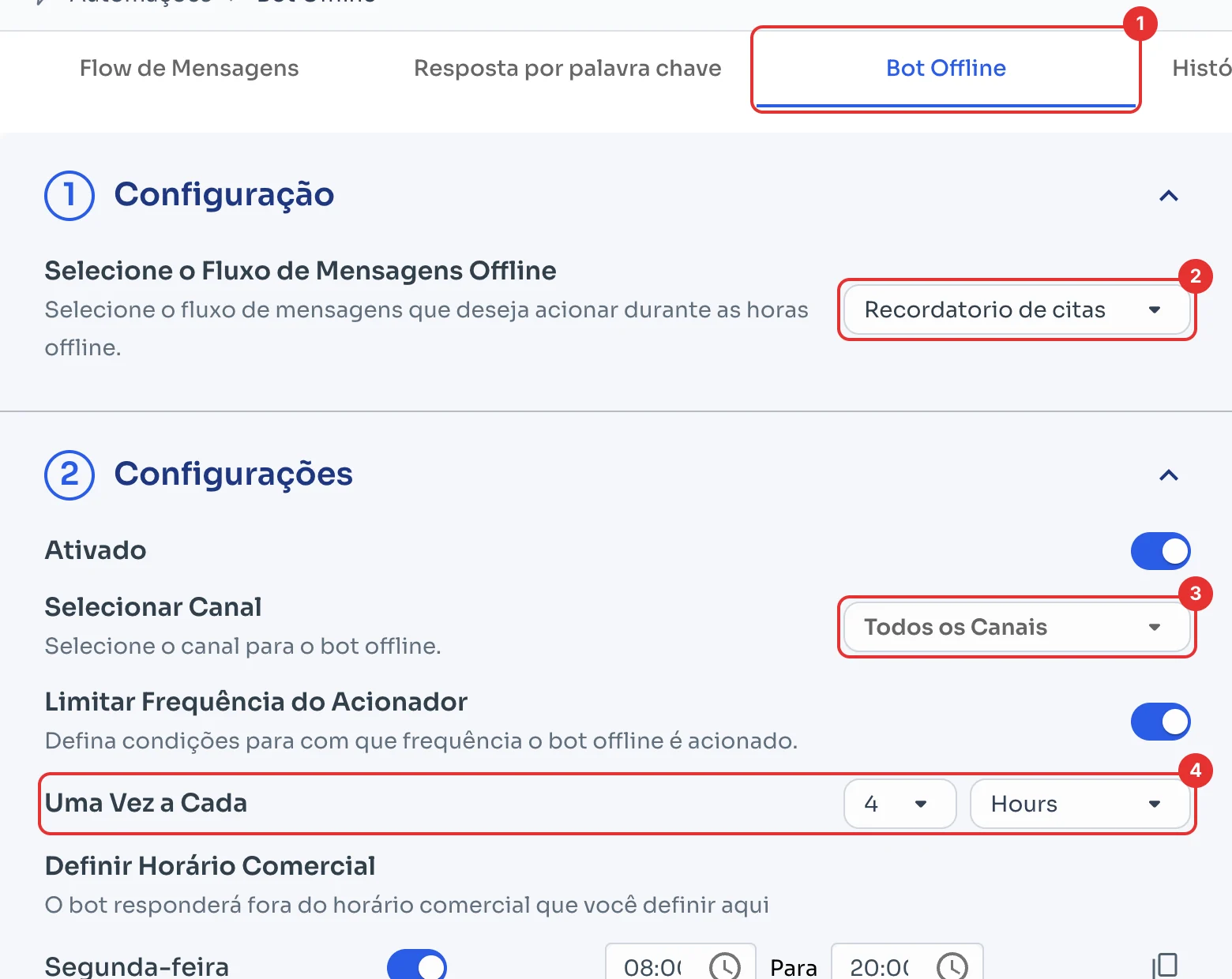 Aba Bot Offline com o fluxo, o canal e a frequência
