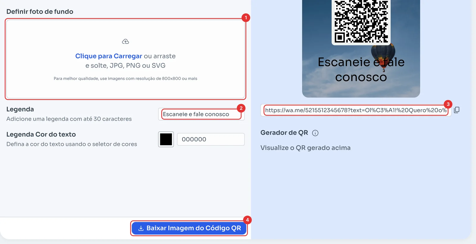 Foto de fundo, Legenda, link do WhatsApp e Baixar Imagem do Código QR