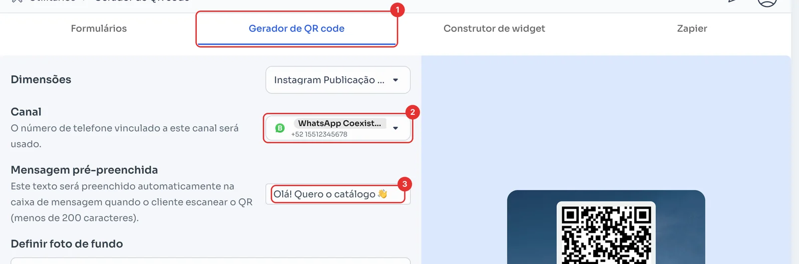 Gerador de QR code com o canal e a mensagem pré-preenchida