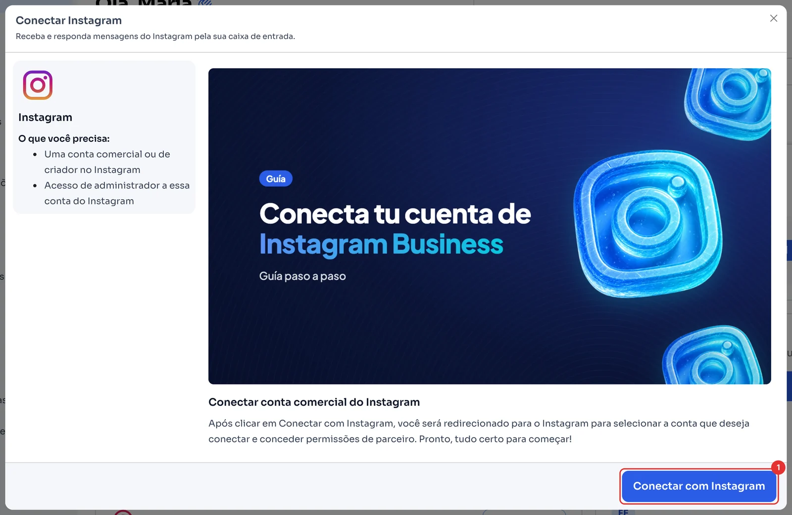 Janela Conectar Instagram com o botão Conectar com Instagram