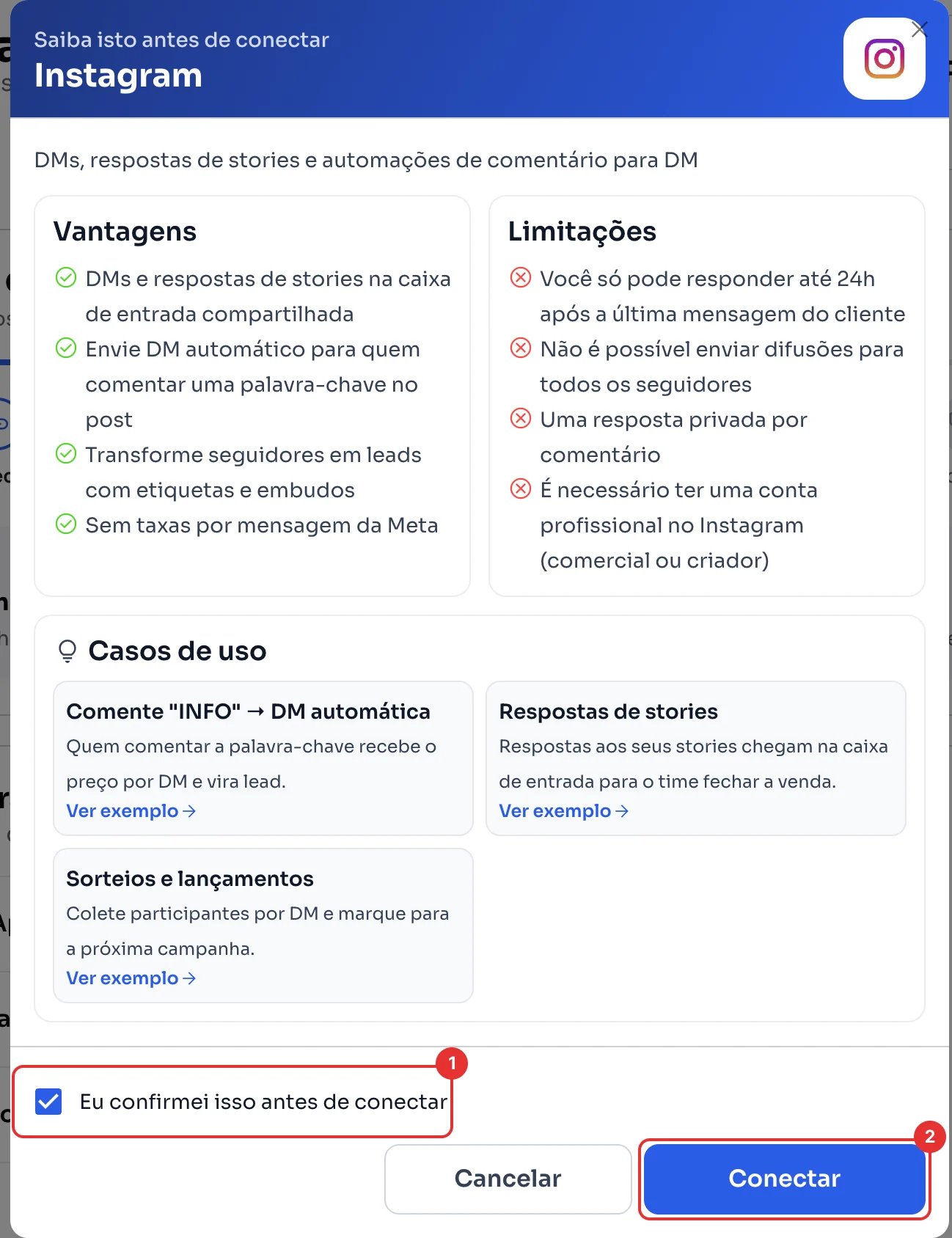 Janela Saiba isto antes de conectar do Instagram