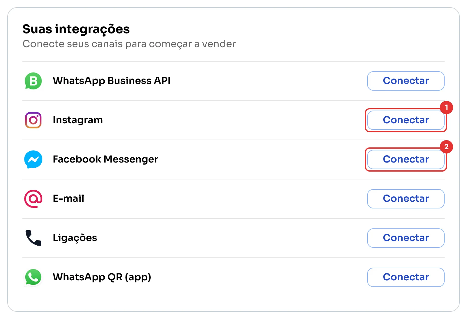 Suas integrações com os botões Conectar do Instagram e do Facebook Messenger
