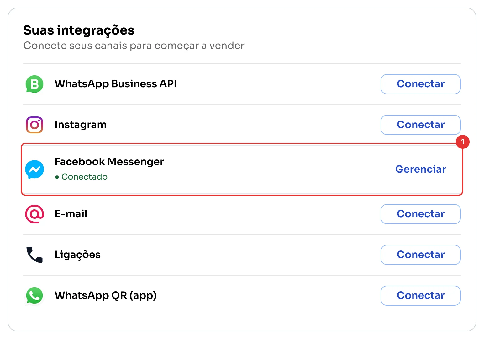 Facebook Messenger conectado em Suas integrações