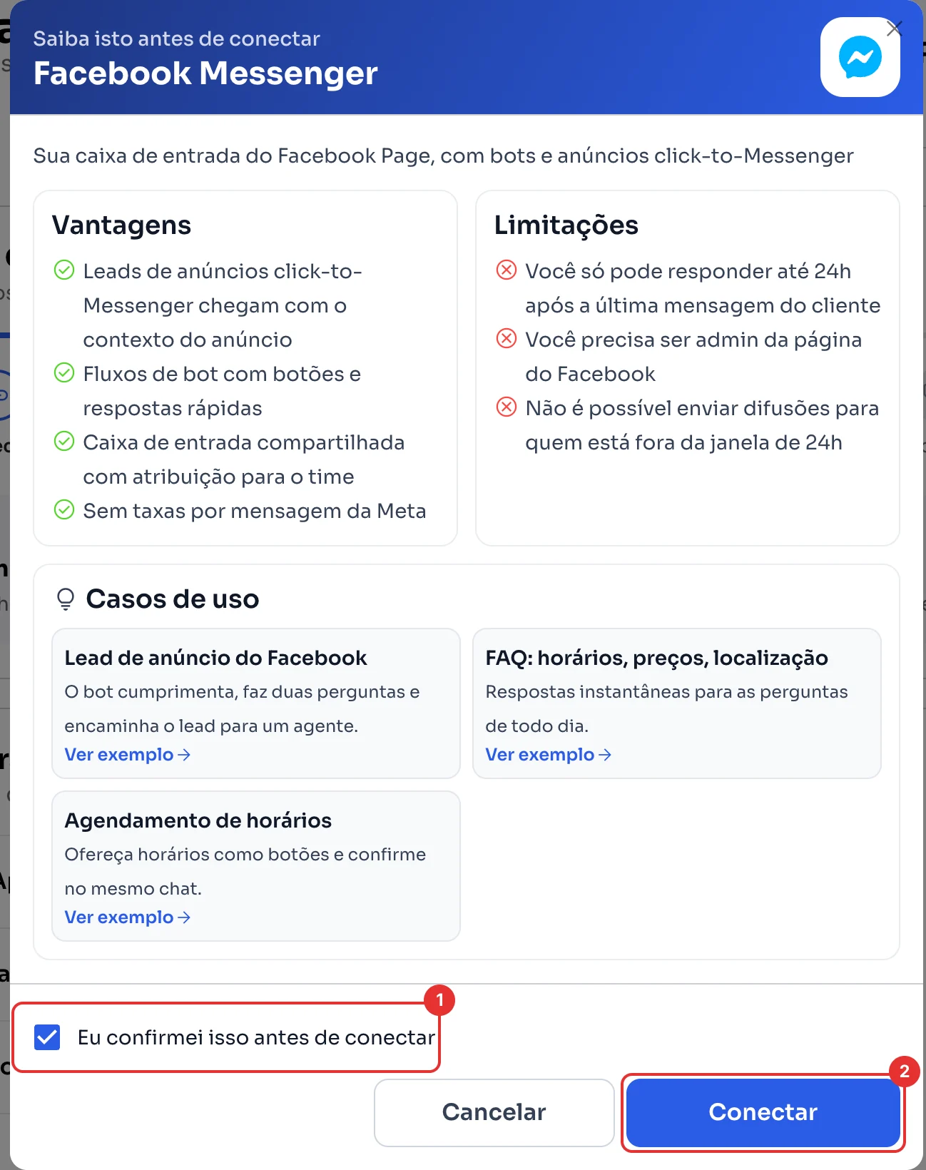 Janela Saiba isto antes de conectar do Facebook Messenger