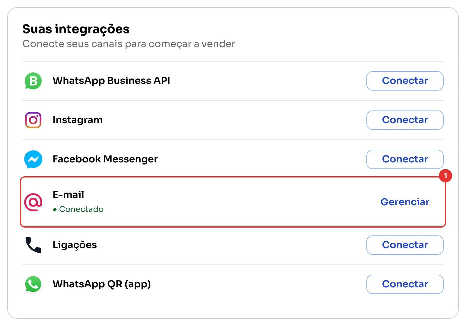 E-mail conectado em Suas integrações