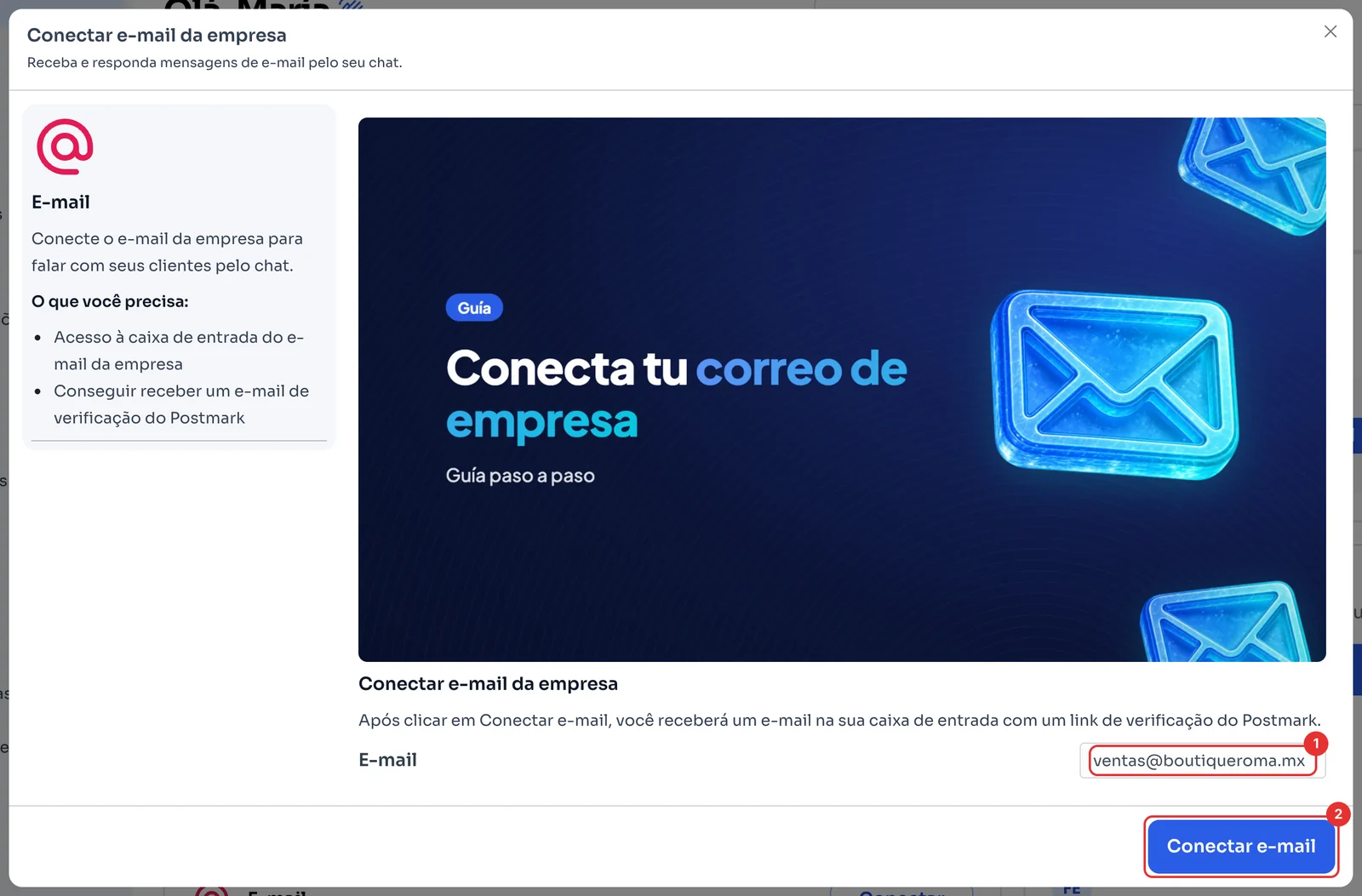 Janela Conectar e-mail da empresa com o e-mail e o botão Conectar e-mail
