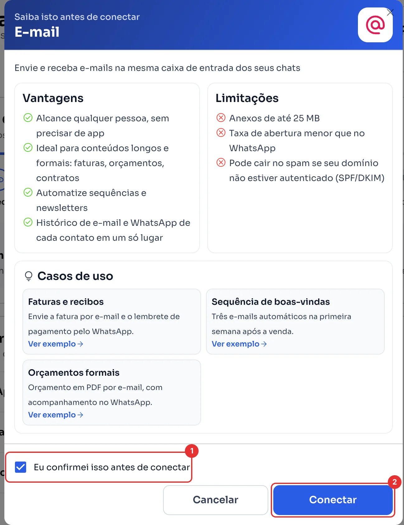 Janela Saiba isto antes de conectar do e-mail