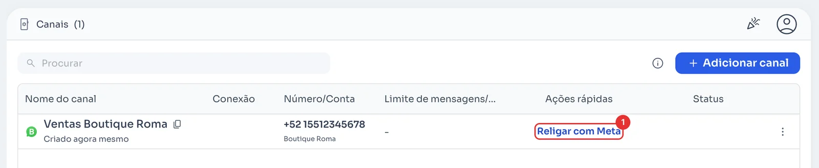 Canal de WhatsApp Business API com o botão Religar com Meta