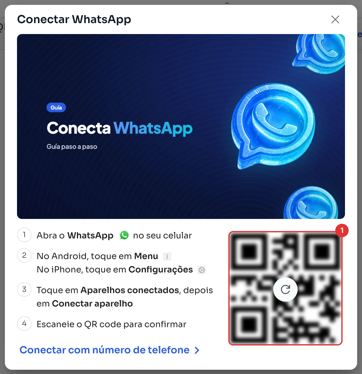Janela Conectar WhatsApp com o QR code