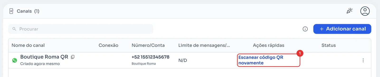 Canal com o botão Escanear código QR novamente