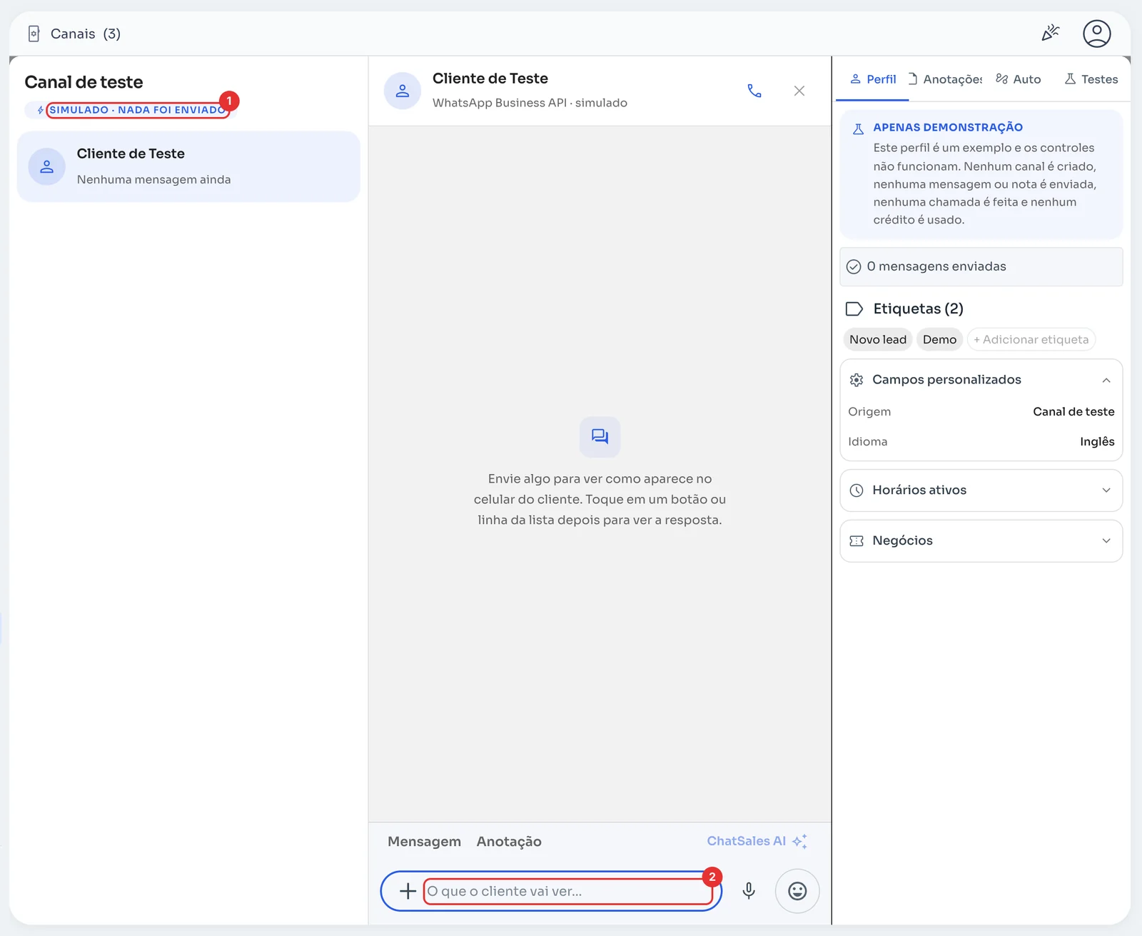 Canal de teste com o chat do Cliente de Teste