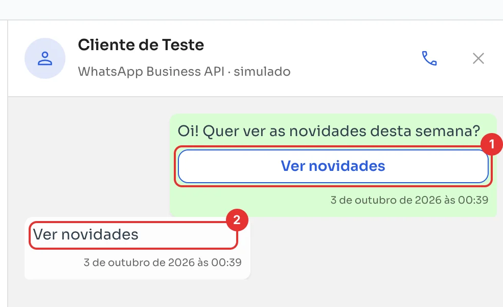 Mensagem com botão e a resposta do cliente de teste