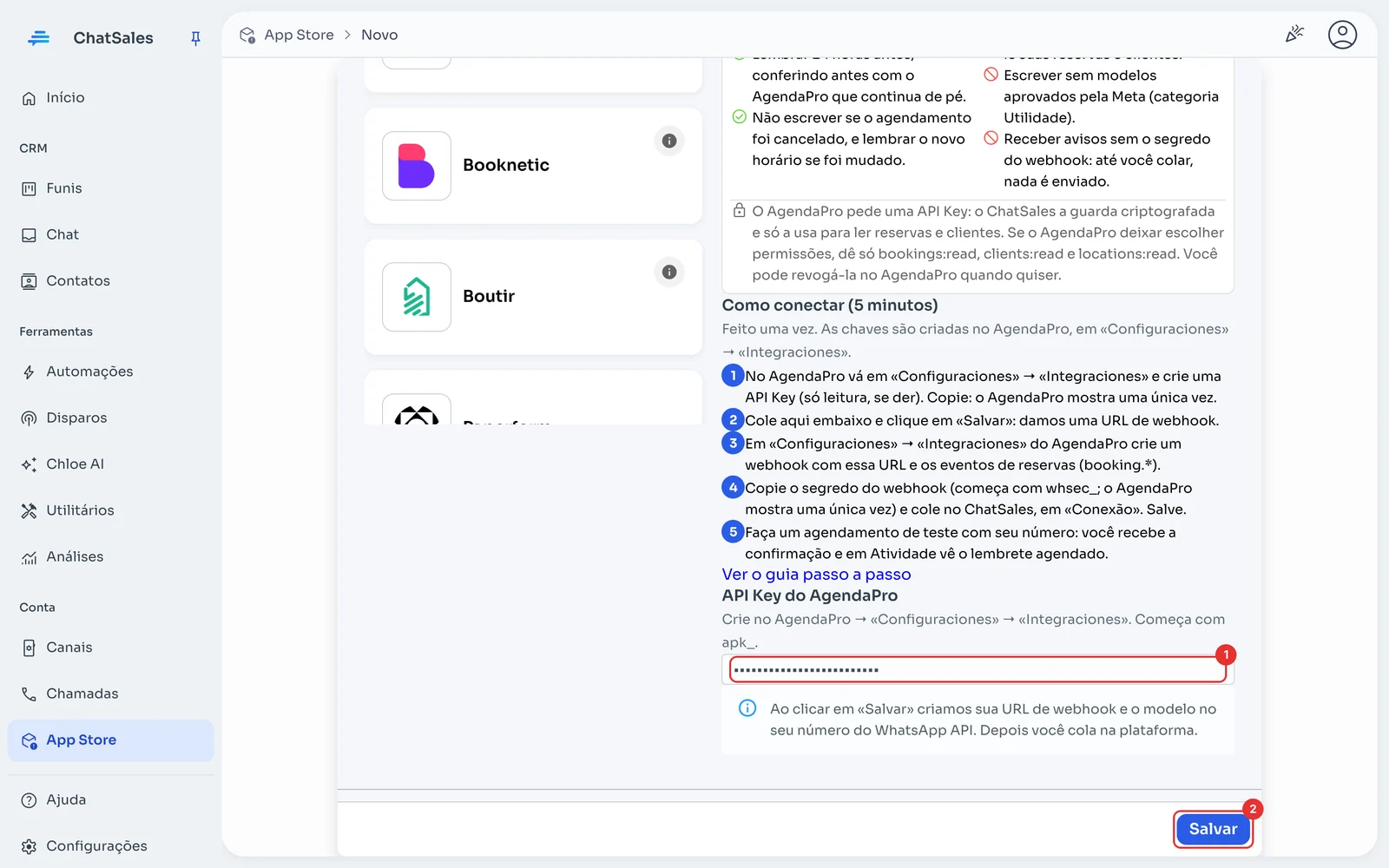 Campo API Key do AgendaPro e botão Salvar