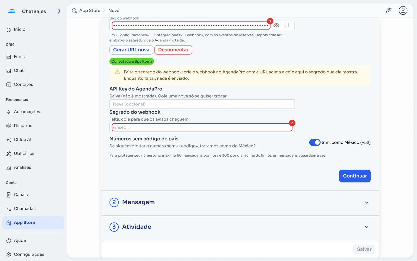 Seção Conexão com a URL do webhook e o campo do segredo