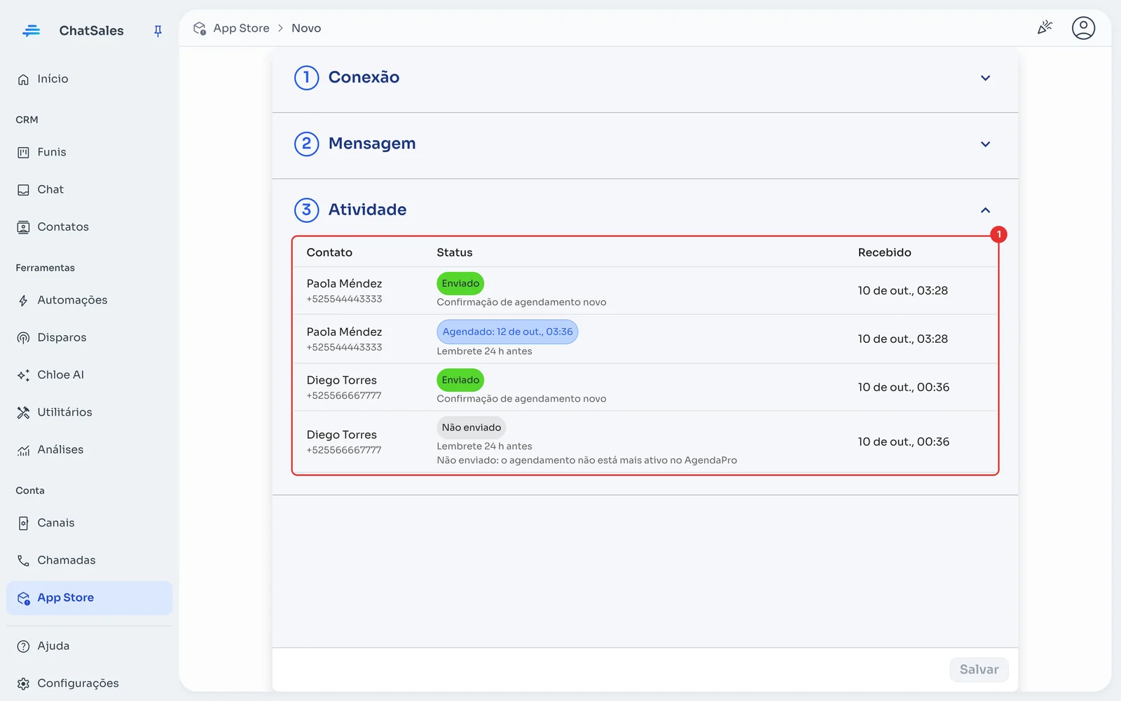 Seção Atividade com os envios recebidos e seu status