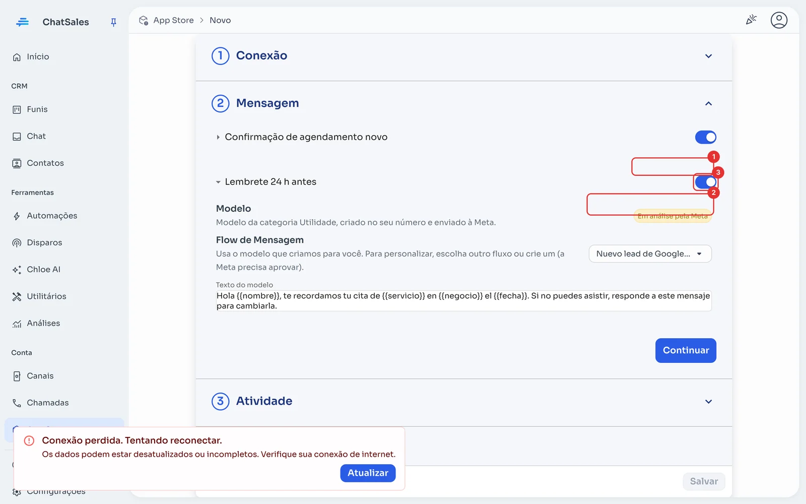 Seção Mensagem com o status do modelo e o fluxo