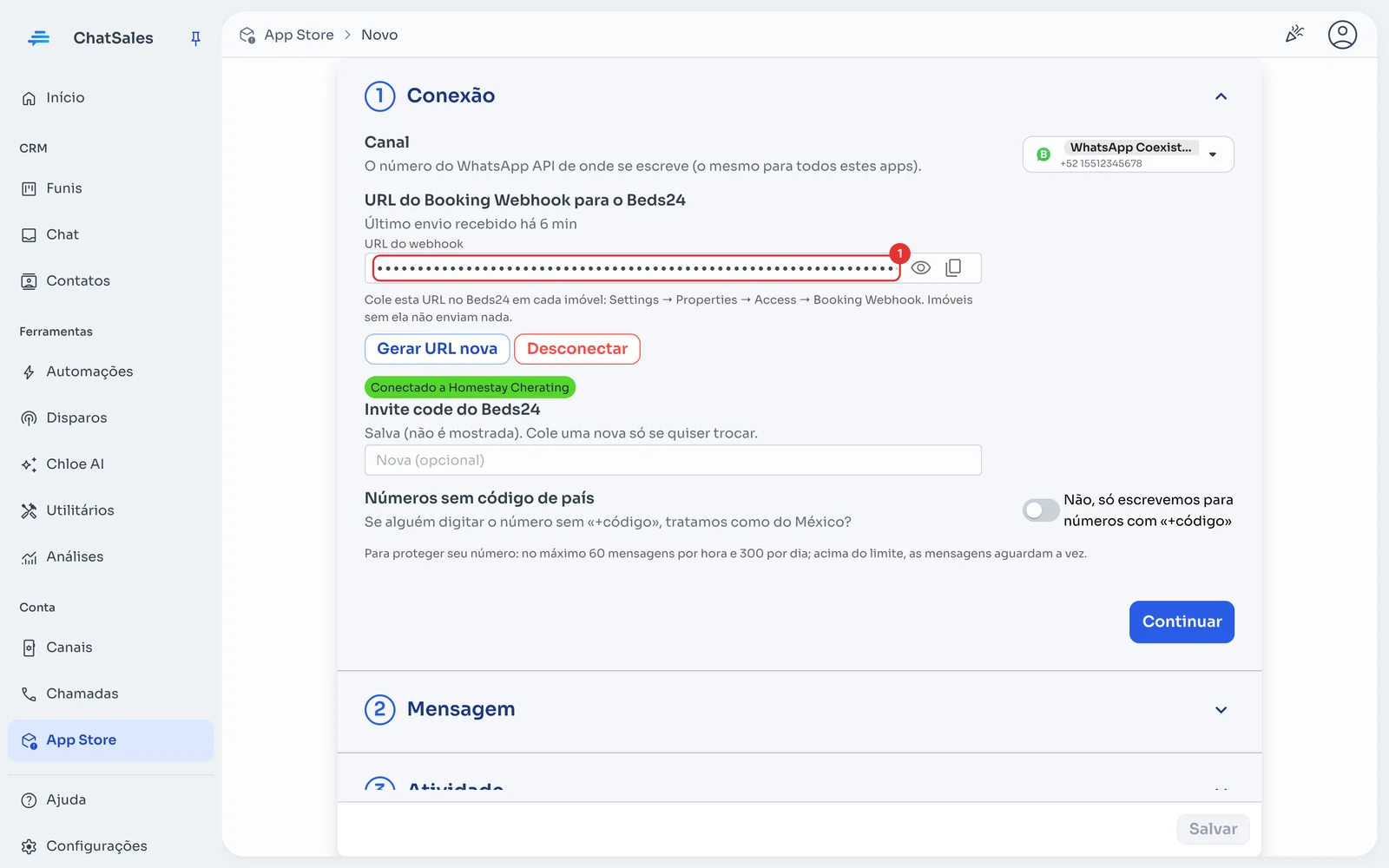 Seção Conexão com a URL do webhook