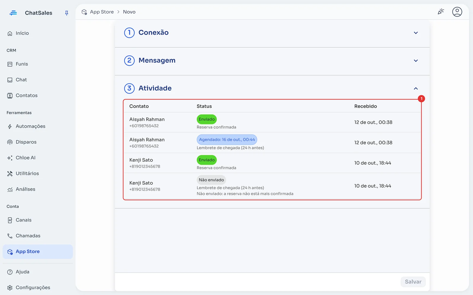 Seção Atividade com os envios recebidos e seu status