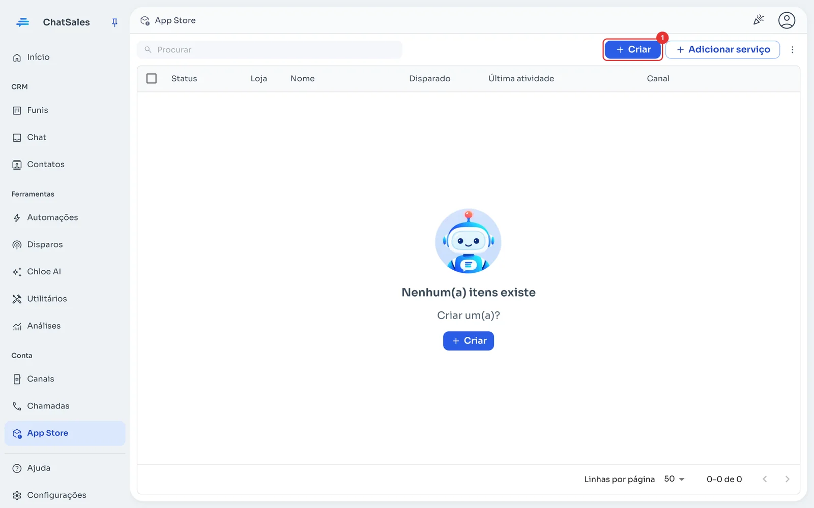 App Store do ChatSales com o botão Criar marcado