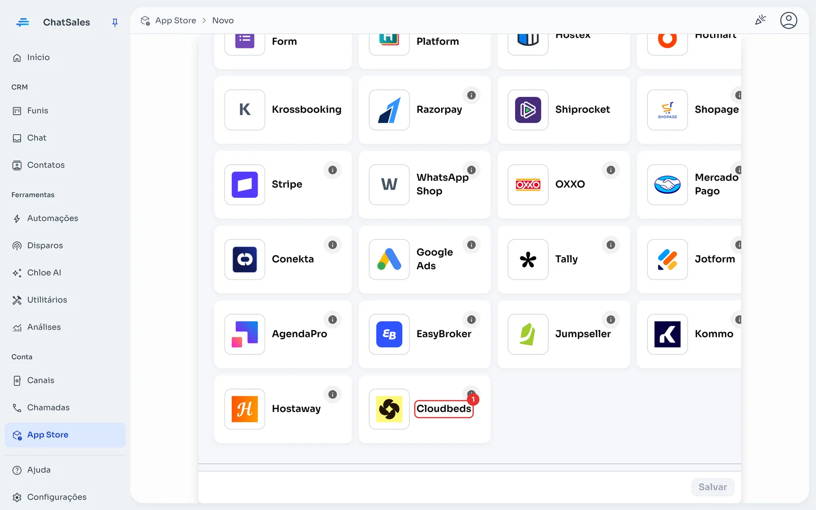 Galeria de apps com o cartão Cloudbeds marcado