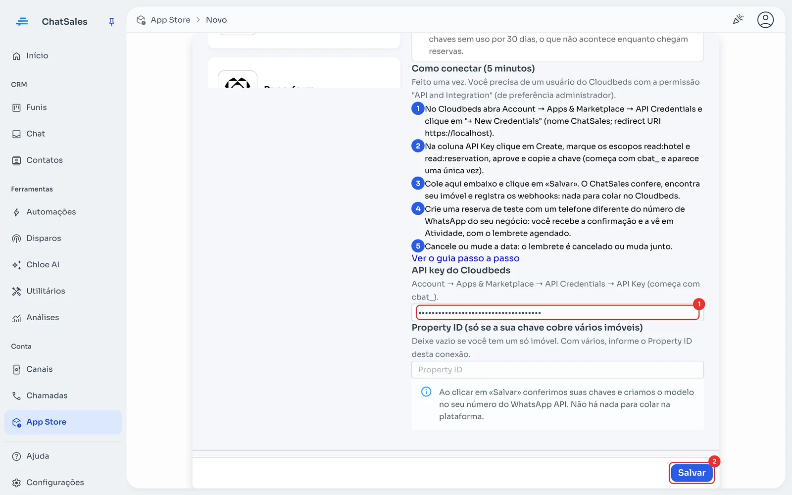 Campo API key do Cloudbeds e botão Salvar