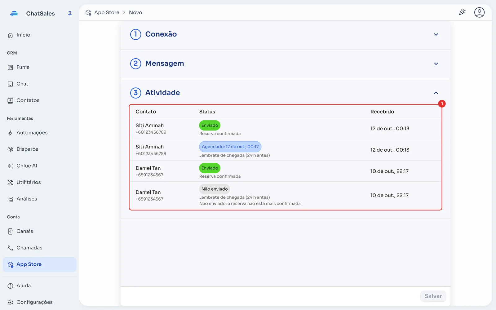 Seção Atividade com os envios recebidos e seu status