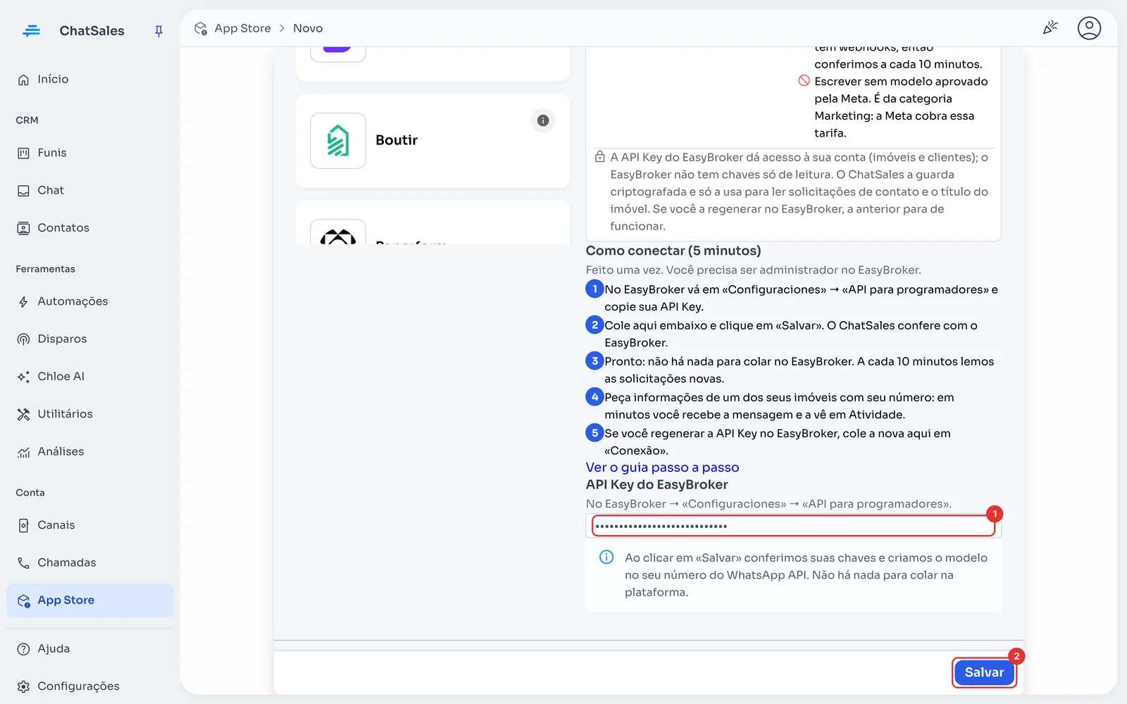 Campo API Key do EasyBroker e botão Salvar