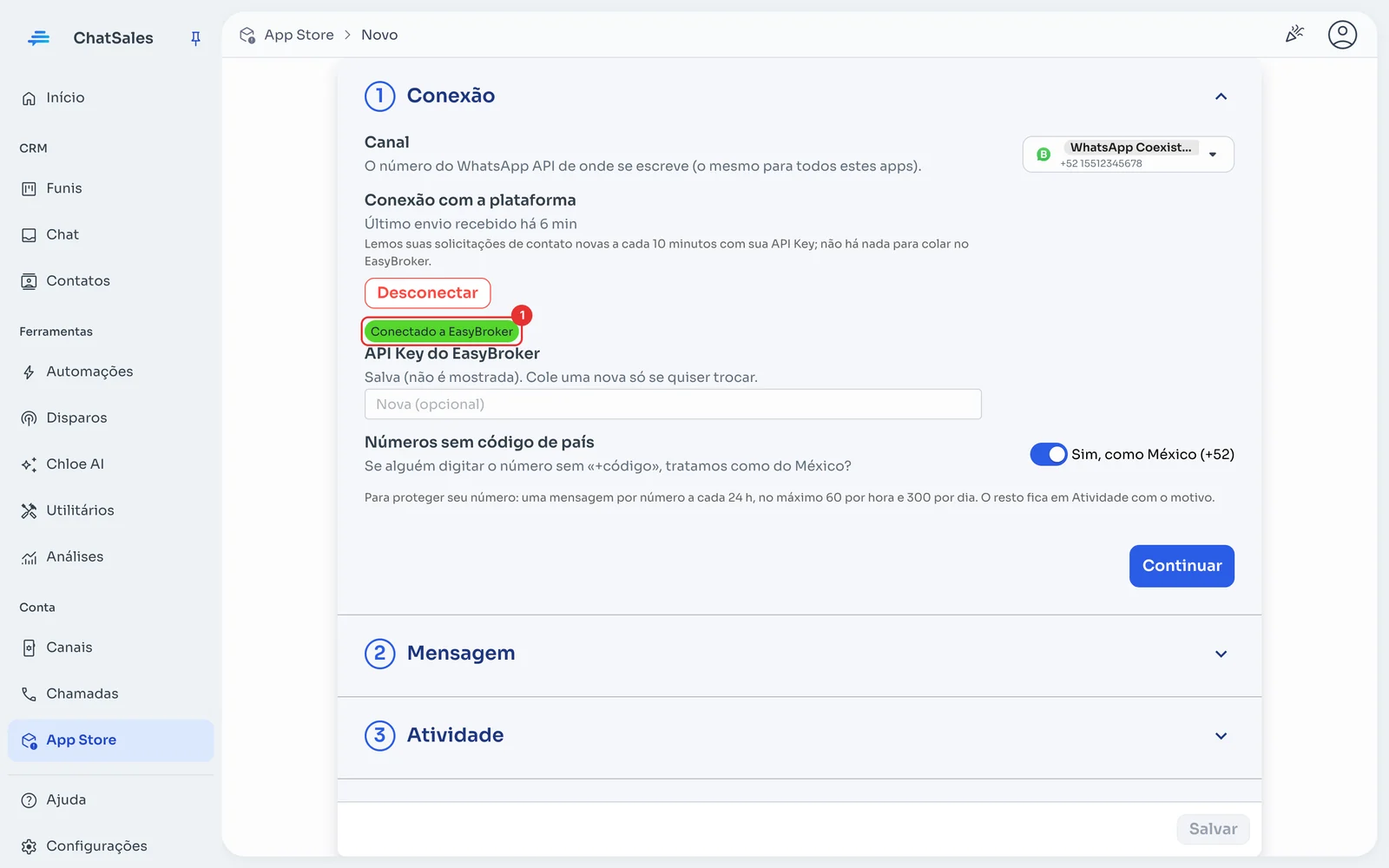 Seção Conexão com Conectado a EasyBroker
