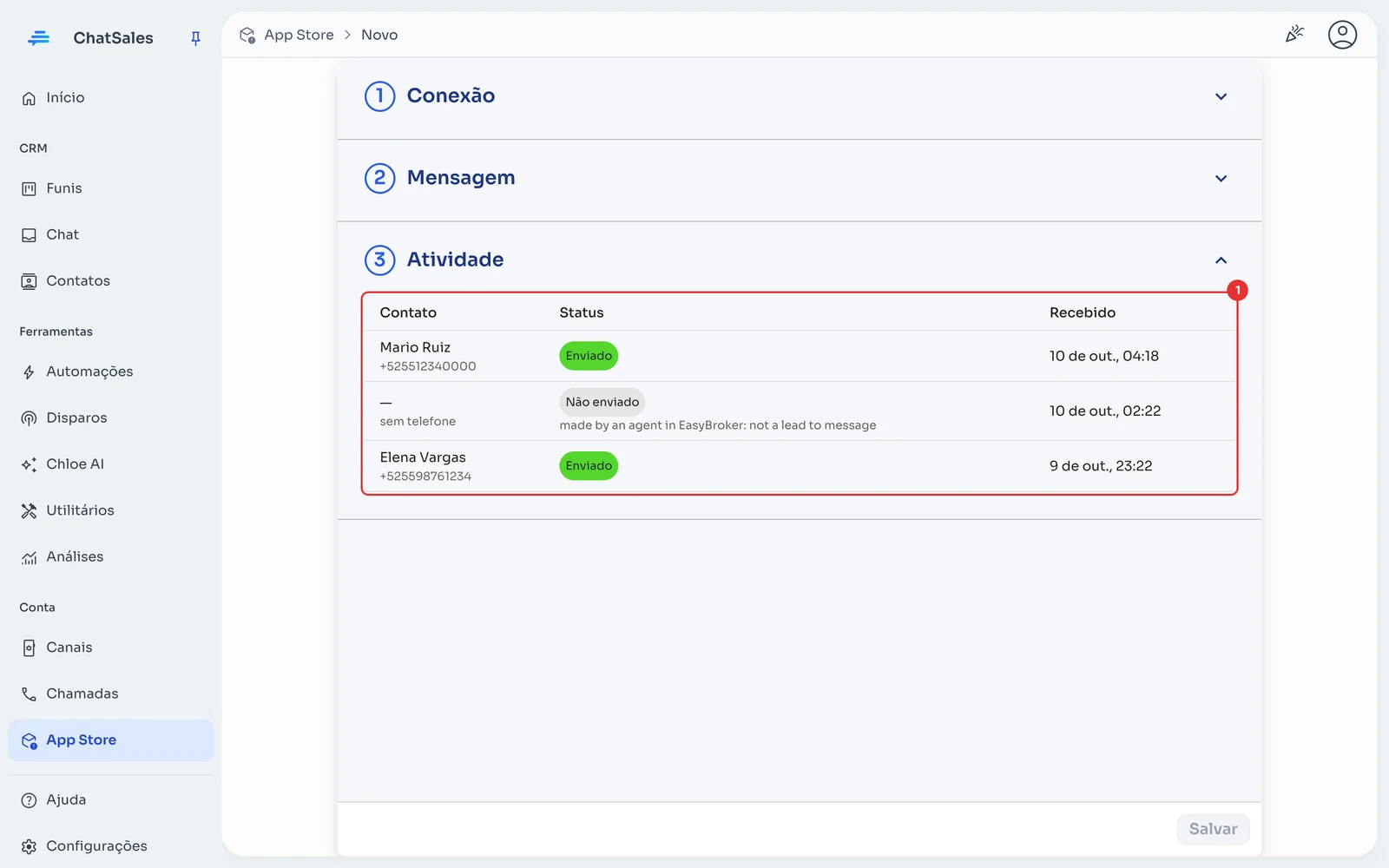 Seção Atividade com os envios recebidos e seu status