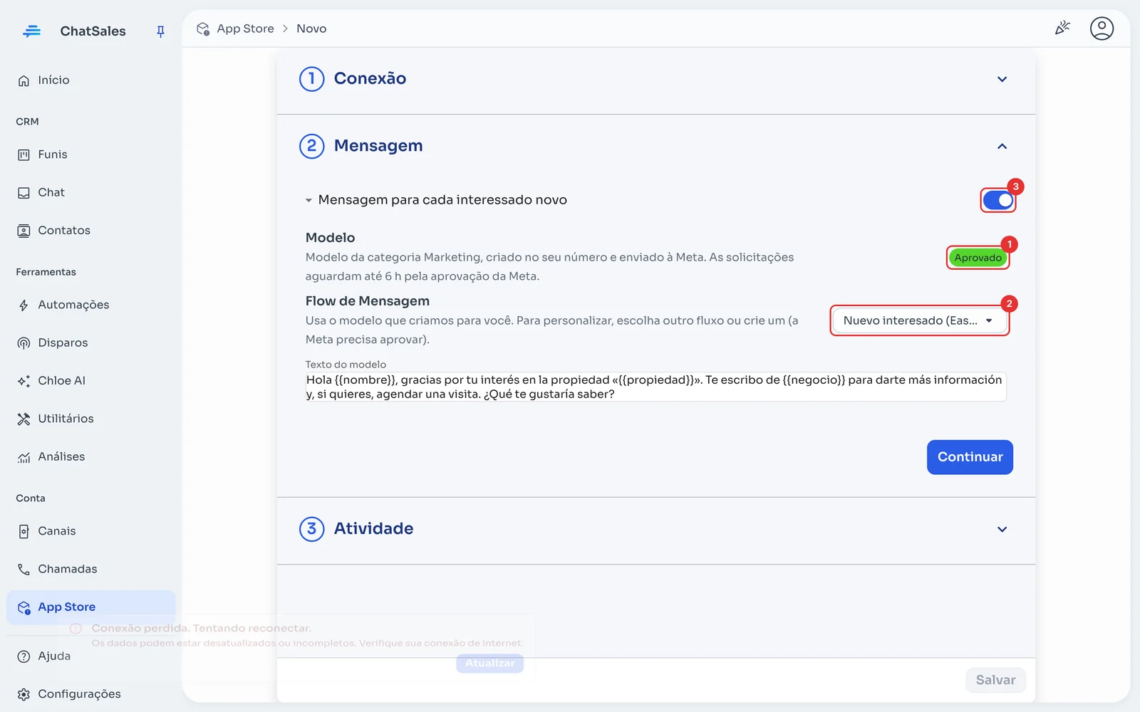 Seção Mensagem com o status do modelo e o fluxo