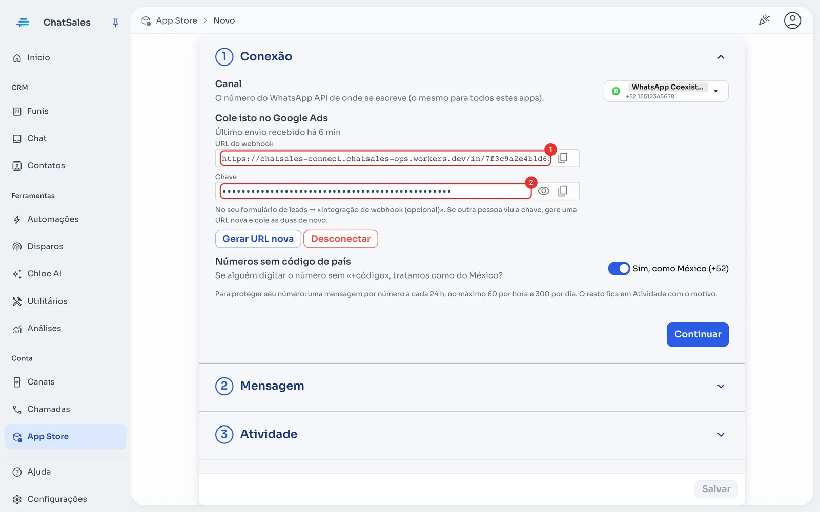 Seção Conexão com a URL do webhook