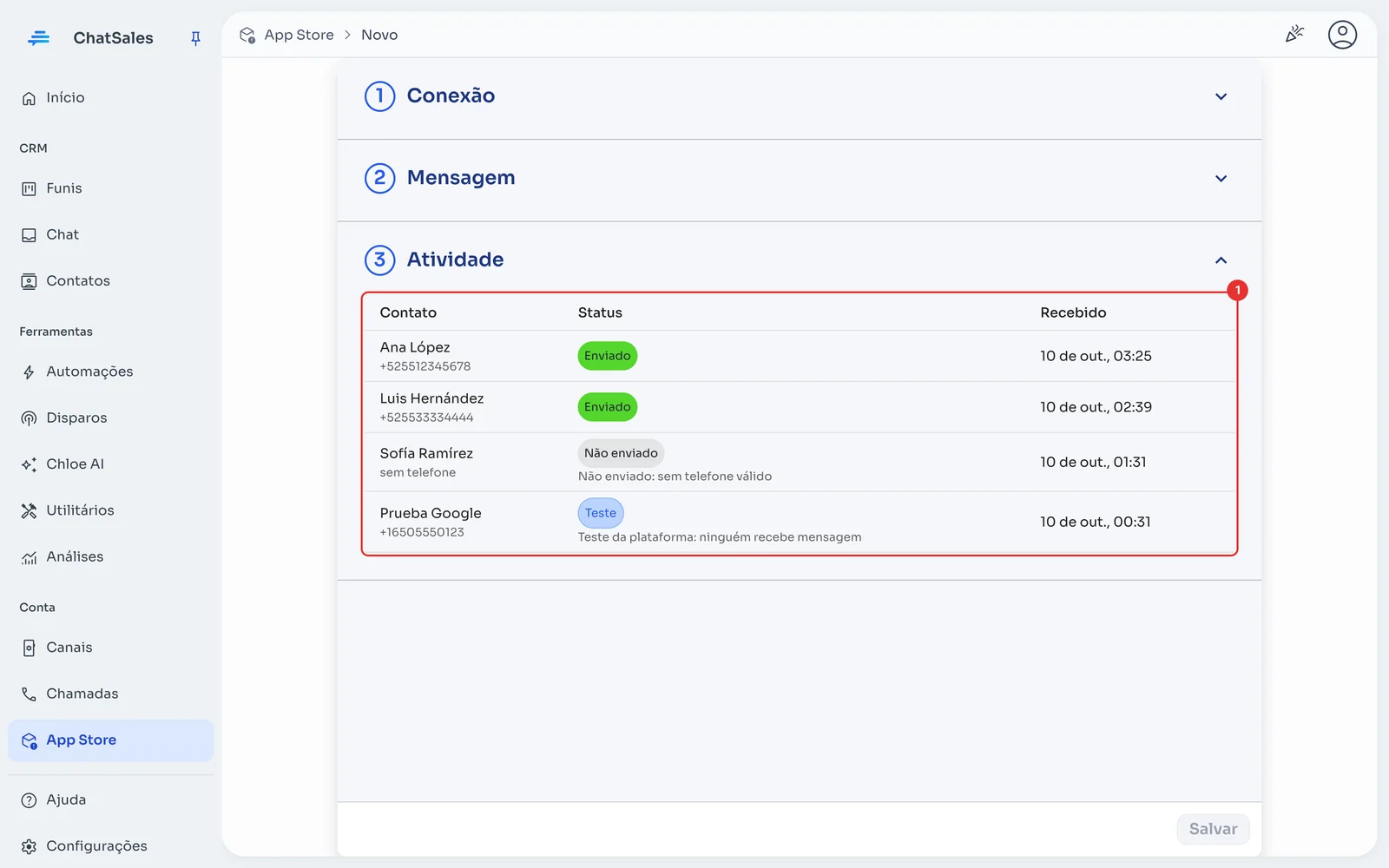 Seção Atividade com os envios recebidos e seu status