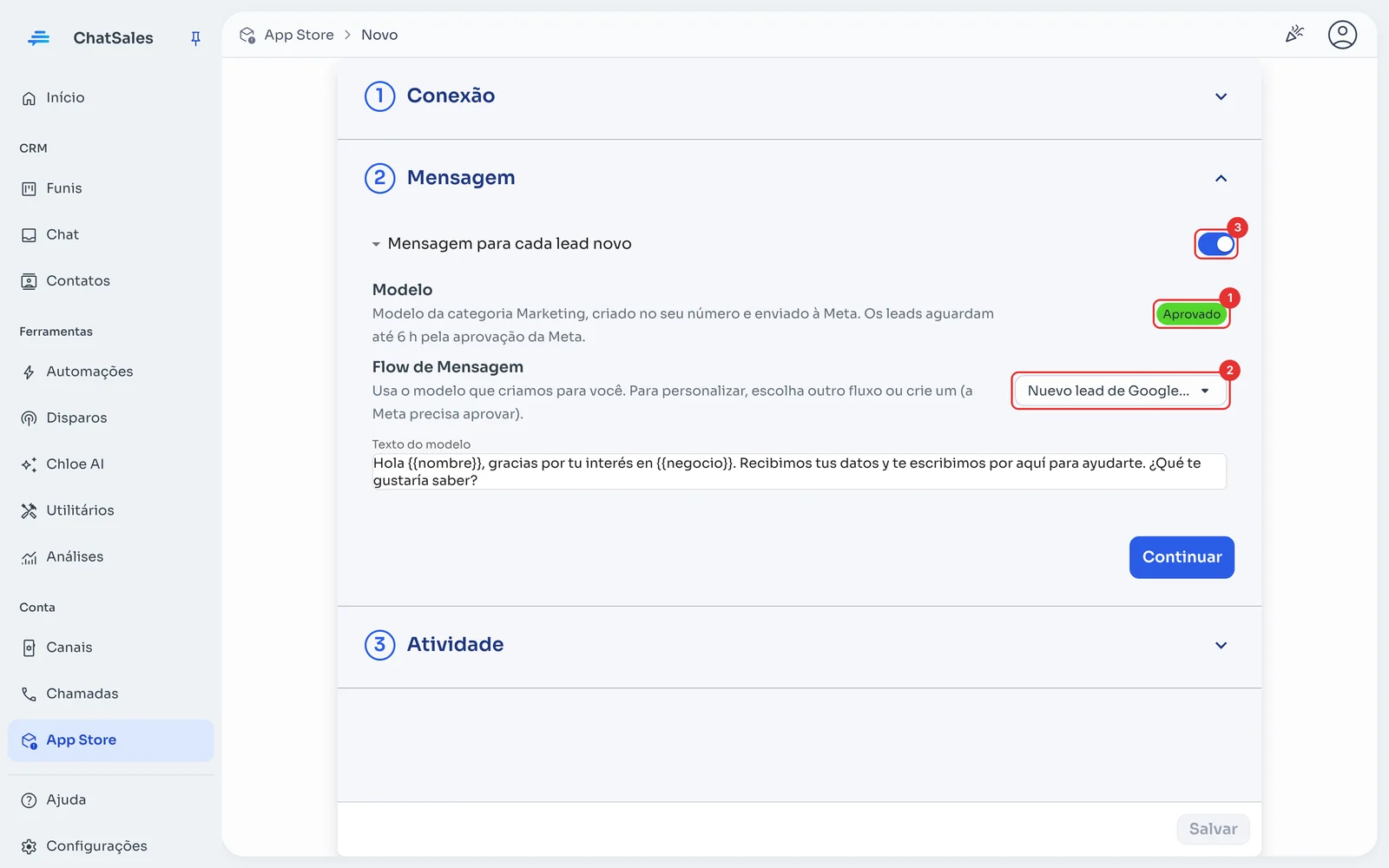Seção Mensagem com o status do modelo e o fluxo