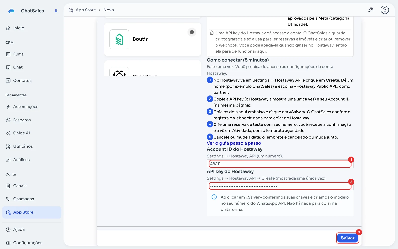 Campos Account ID e API key do Hostaway e botão Salvar